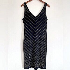 CARMEN MARC VALVO Dark Navy Blue Rhinestone Cocktail Sheath Dress Size Large